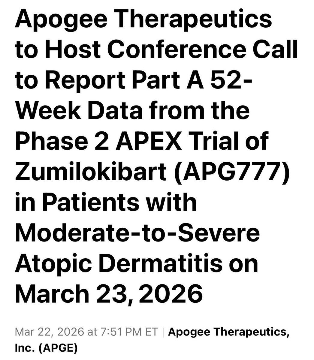 PersimmonTI's tweet photo. $APGE $xbi

Here we go, yo. 

Will APG777 Part A 52 week data be triple 7s on the turn? 

Look for the following benchmarks, at 3 and 6 month dosing: 

EASI-75 — maintenance of 72% or greater
IGA 0/1 — maintenance 53% or more 

And, if deepening of response and/or converting induction non-responders into response by week 52, then very bullish. 

.
