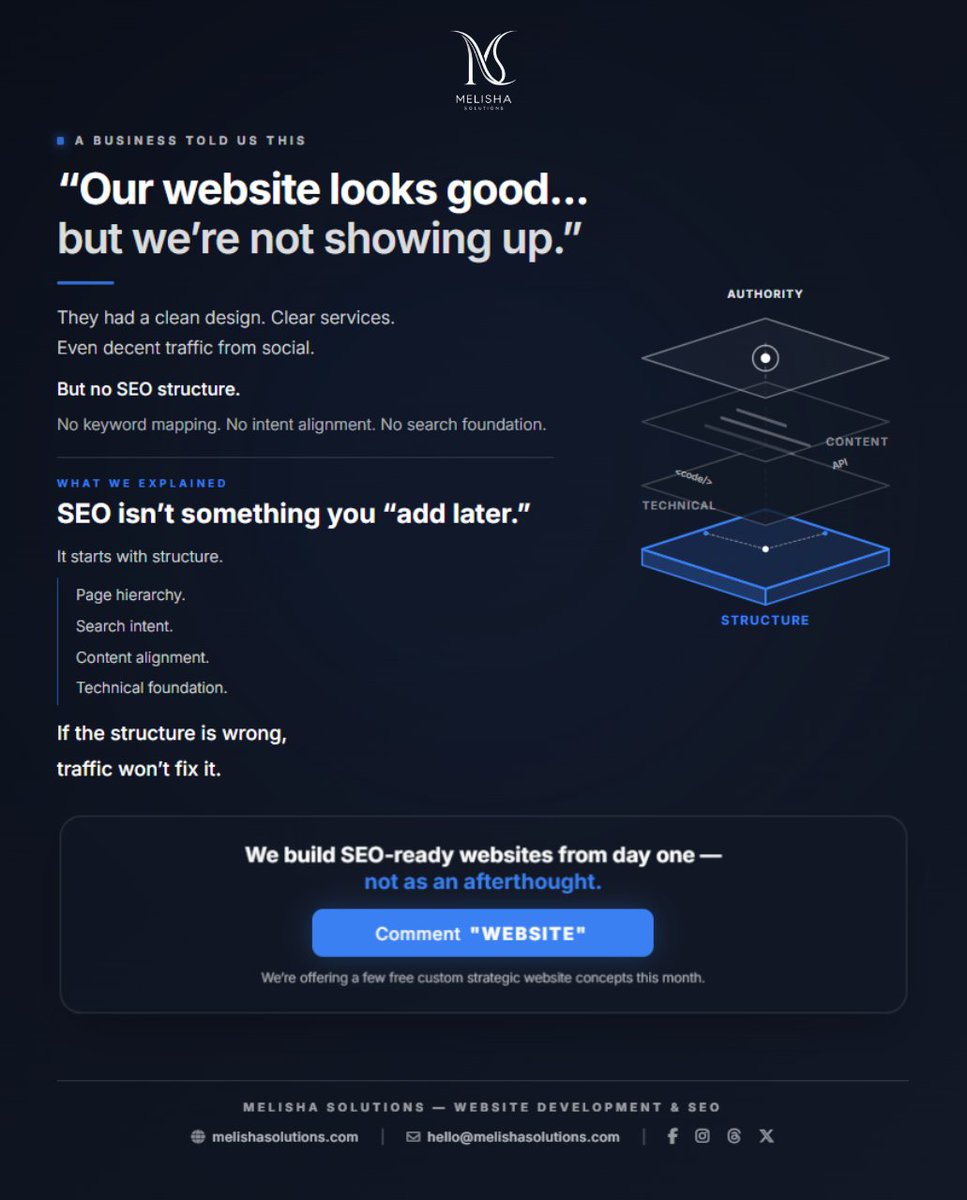 Melisha_Sol's tweet photo. A business told us:

“Our website looks good.
But we’re not showing up.”

Design wasn’t the issue.
Structure was.
SEO starts from day one, not after launch.

We’re offering a few free custom strategic website concepts this month.
Reply “website” if you want one.

#SEO #WebDesign https://t.co/FDSHH73S1Y