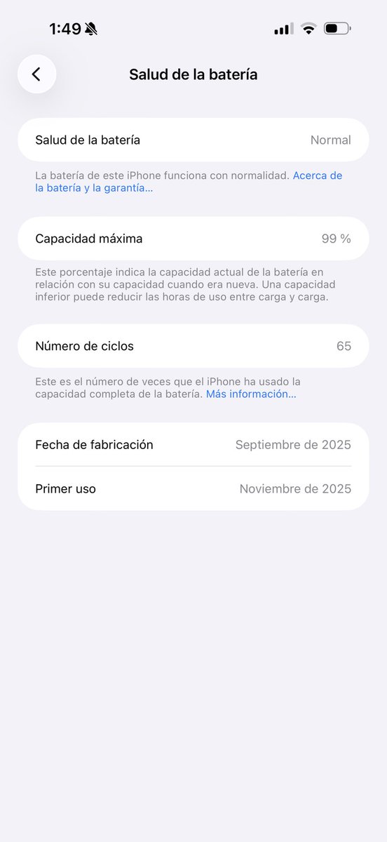 emogh0st's tweet photo. 65 ciclos de carga me parecen muy pocos como para que empiece a bajar la capacidad máxima de la batería…

Siempre mantengo la batería entre el 20% y el 80%. Debería dejar de limitar la carga y empezar a cargarla hasta el 100%? https://t.co/kn7HfuUR7r