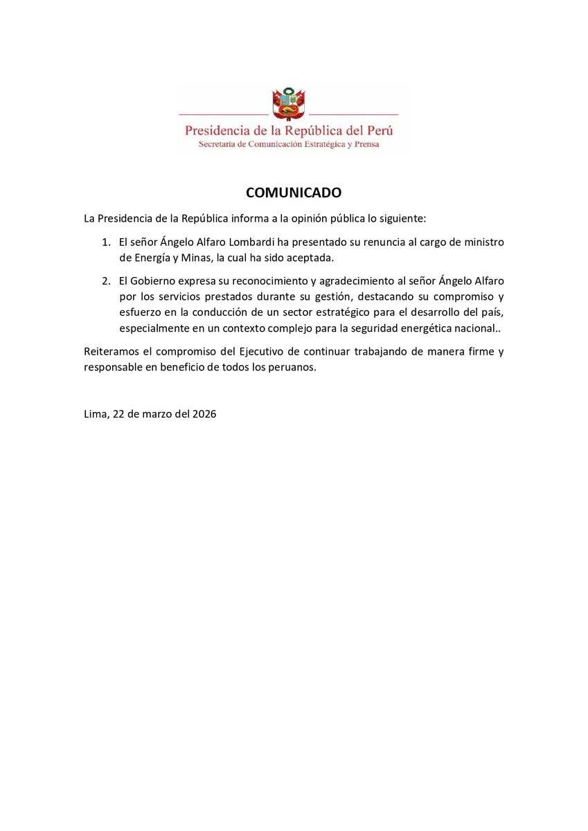 🔴 #Comunicado | La Presidencia de la República del Perú comunica a la ciudadanía lo siguiente: