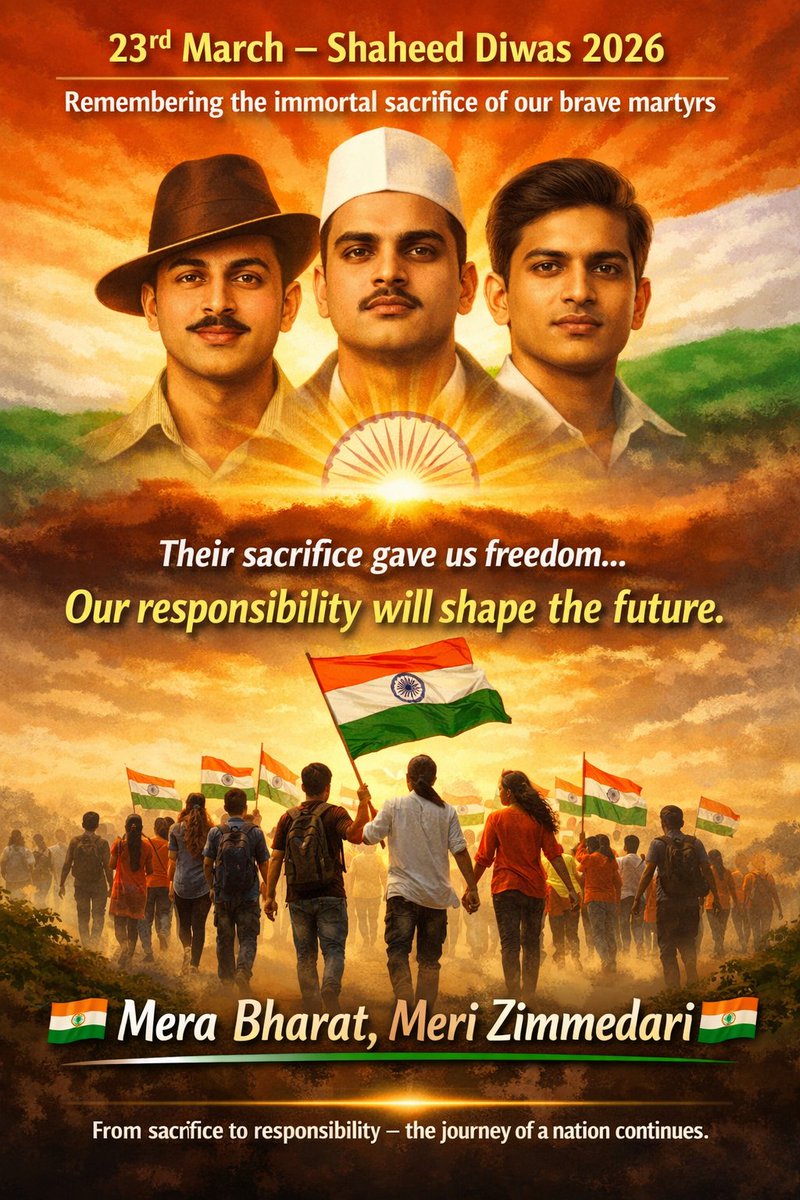 <a href="/myogiadityanath/">Yogi Adityanath</a> 𝗦𝗵𝗮𝗵𝗲𝗲𝗱 𝗗𝗶𝘄𝗮𝘀 2026 – “𝗠𝗲𝗿𝗮 𝗕𝗵𝗮𝗿𝗮𝘁, 𝗠𝗲𝗿𝗶 𝗭𝗶𝗺𝗺𝗲𝗱𝗮𝗿𝗶”
#ShaheedDiwas, observed on 23rd March every year, is a solemn occasion to remember the unparalleled sacrifice of India’s brave freedom fighters—Bhagat Singh, Shivaram #Rajguru, and #Sukhdev