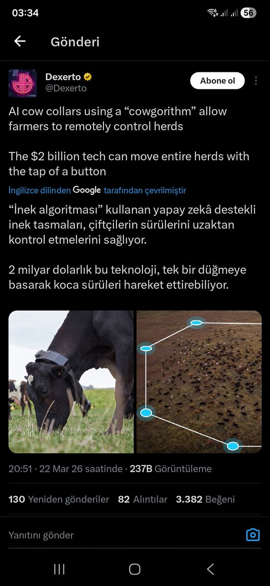 akdelcom's tweet photo. -Ai destekli Halter şirketi inekleri,sağlığını,
konumunu izleyen ve sürüyü yöneten ai tasma üretiyor
-Çiftçiler app ten inekleri sağım için kendi kendine toplayabiliyor
-Şu anda aktif kullanılan 600 bin inek tasması var
-Peter Thiel de şirkete son yatırım turunda destek verdi https://t.co/UNiLhC25UB