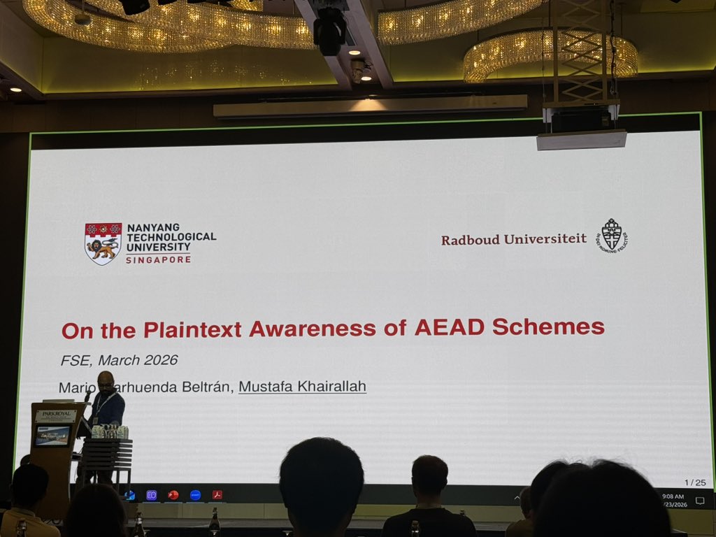 jedisct1's tweet image. Mario and Mustapha starting FSE with plaintext awareness, an interesting property for AEAD schemes. #fse2026