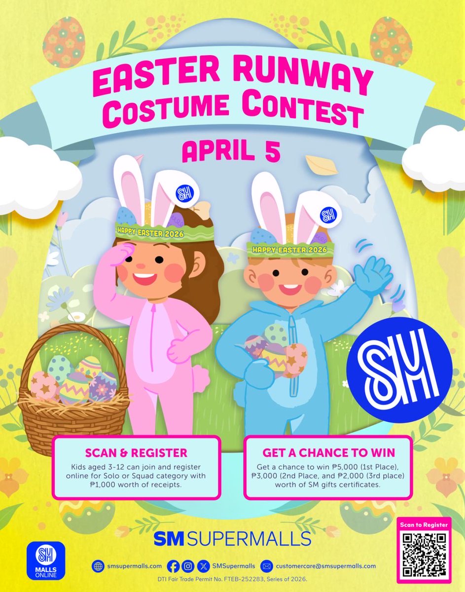 SMCenterPulilan's tweet photo. Get ready to slay the Easter runway 🐰✨

Hey kids! It’s your time to shine—rock your most egg-stra cute and egg-stra fabulous look at the Easter Runway Costume Contest at SM Center Pulilan on April 5, 2026!

Scan the QR code to register! 💙 https://t.co/iloiBOFxgk