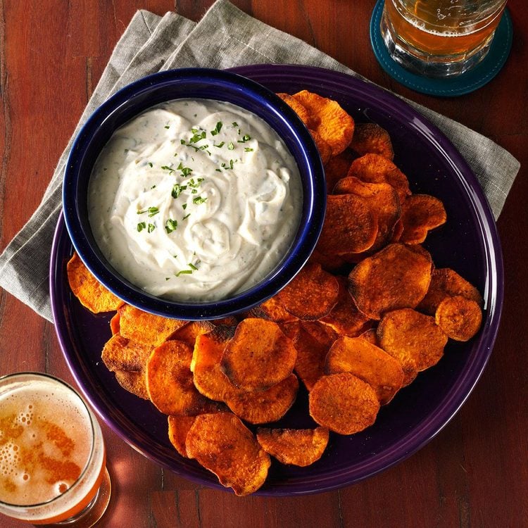 TheNibble's tweet image. Something different for National Chip &amp;amp; Dip Day: Spicy Sweet Potato Chips &amp;amp; Cilantro Dip. The #recipe: t.ly/0D1rd #Snacks #PotatoChips