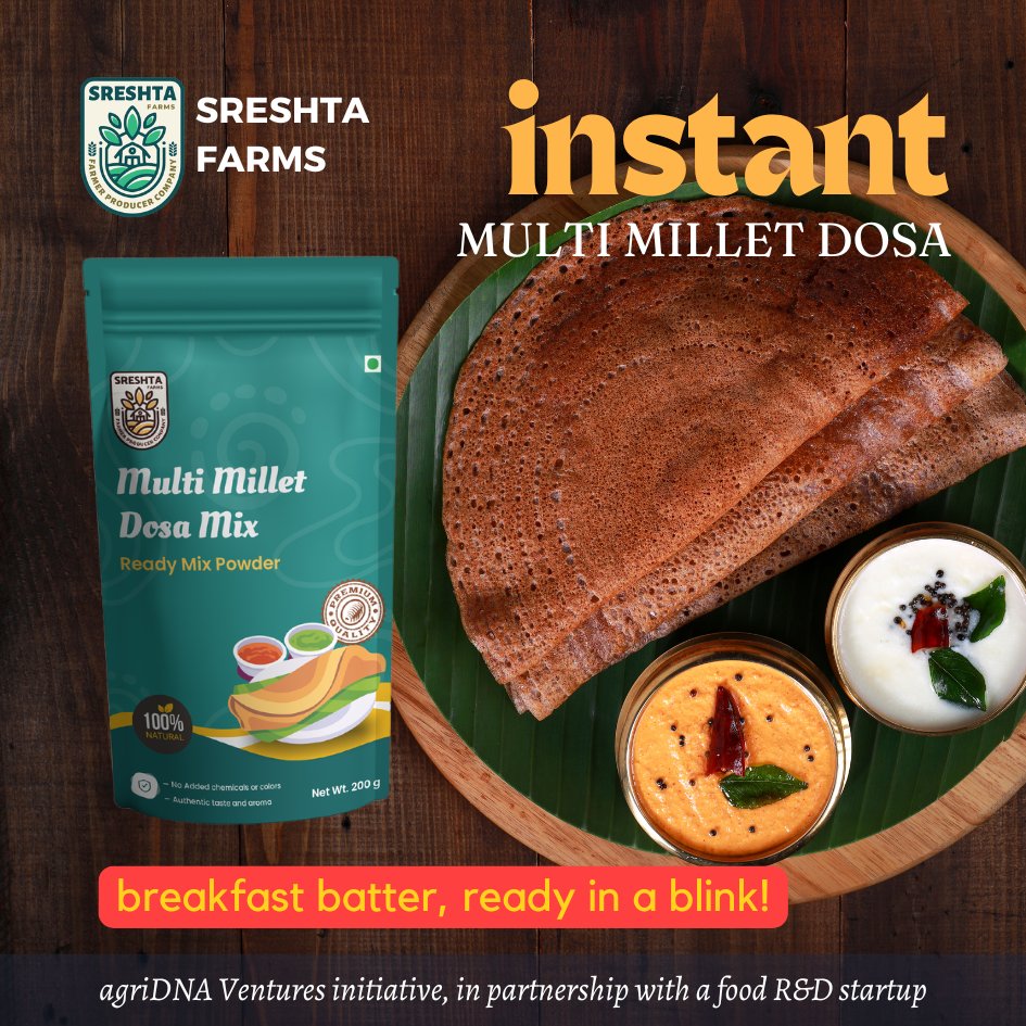 sreshtafarms's tweet image. Stop soaking, grinding, &amp;amp; waiting 12 hours for dosa on a busy day!

Sreshta Farms Multi Millet Dosa Powder gives you crispy, healthy dosa in just 2 minutes. Just add water, make dosa &amp;amp; flip! 

Order your pack at zurl.co/ihCLB

#sreshtafarms #milletdosa #farmtokitchen