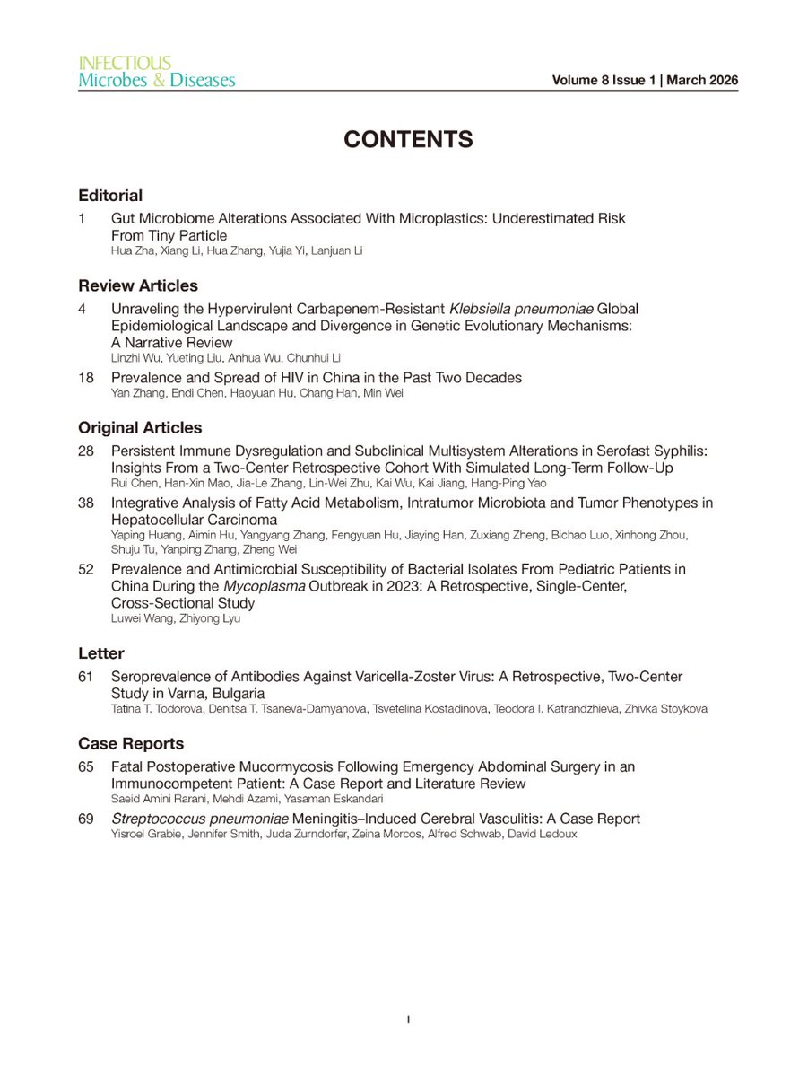 Journal_IMD's tweet photo. The latest Infectious Microbes &amp; Diseases - Vol. 8, No. 1, March 2026 is online.
https://t.co/1SZ0CeN2rZ https://t.co/K6zLPrP3ws