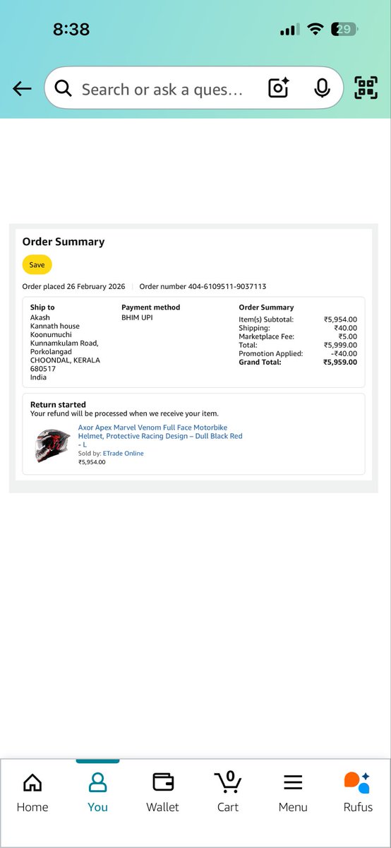 AkashKannath's tweet image. Very disappointed with @AmazonIN 

Received the wrong item, requested a refund, and now they’re denying both return and refund.  

How is this fair? I’ve lost my money with no product.  

Order ID: 404-6109511-9037113

Need urgent help. #AmazonIndia #ScamAlert #CustomerRights