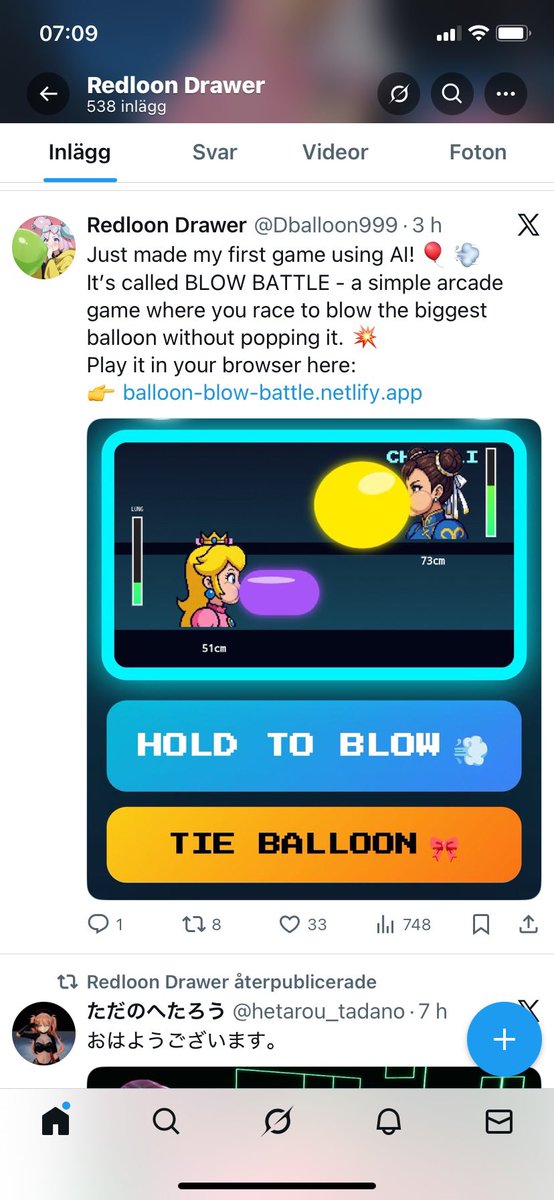 PrinceShadow314's tweet photo. I just wanted to let everyone who follows my account — especially those who love balloons and gaming — know that @Dballoon999 has created a new arcade game called Blow Battle. It’s a really fun challenge where you can face off against the computer or test your own balloon‑blowing skills. The goal is simple: blow a bigger balloon than your opponent… but be careful, because if you blow it too big, you lose the battle.
The game features six playable characters from both anime and gaming, three balloon types, three difficulty levels, and three different game modes. I’d especially love for my friend @Dozier268 to give it a try.
So what are you waiting for grab your balloon and challenge your opponent AI in Blow Battle.
 (Link to the game is in the next post below this one)