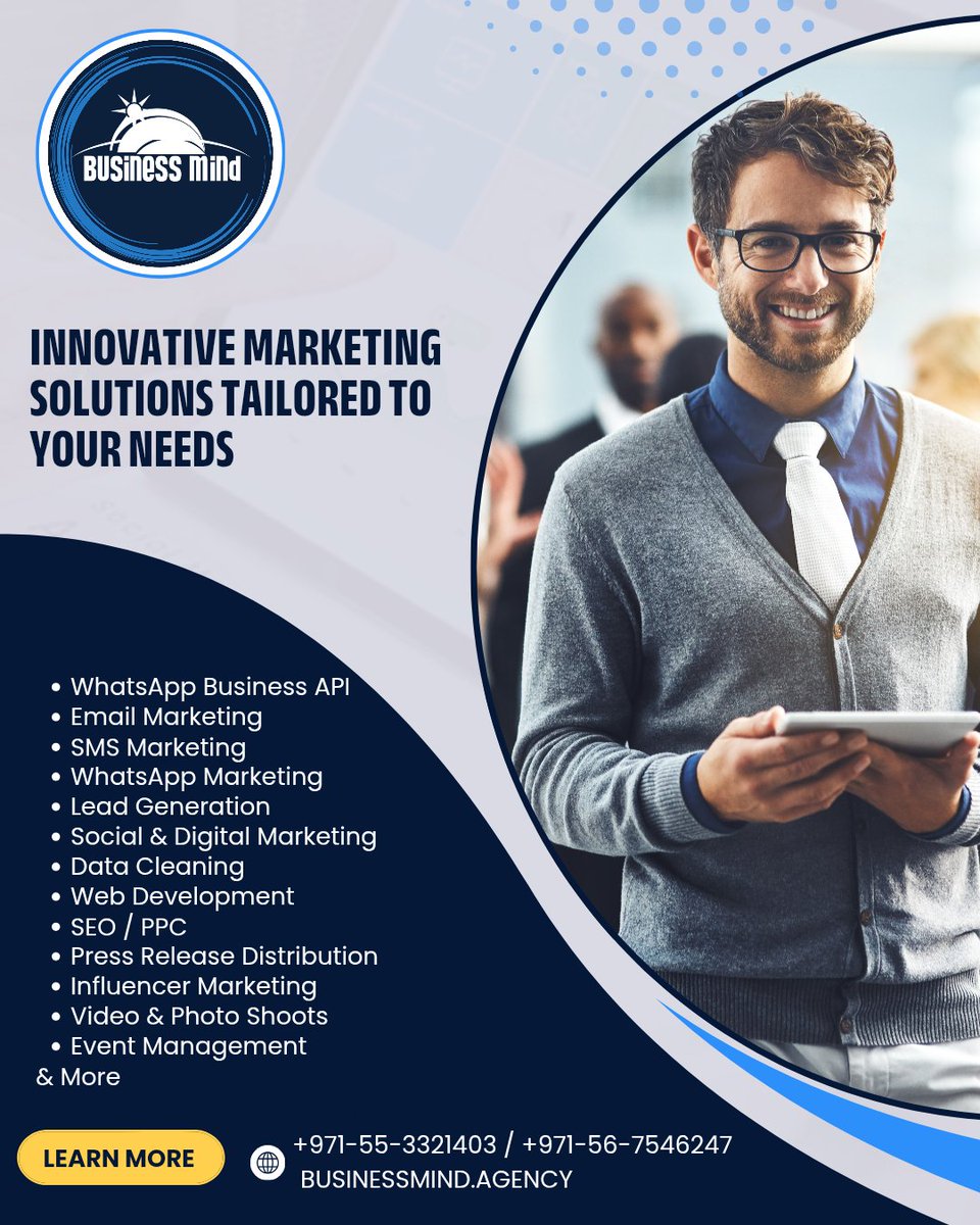 BusinessMindUAE's tweet photo. Innovative Marketing Solutions Tailored to Your Needs

Call / Wa: +971-55-3321403 / +971-56-7546247
https://t.co/0xFjFqxqDw

#marketingagencydubai #dubaimarketingagency #digitalmarketingdubai #leadgenerationdubai #advertisingagencydubai #performancemarketing #dubaimarketing https://t.co/6tYFJDBxuk
