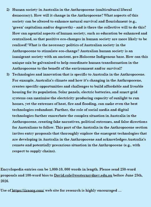 dracle99's tweet photo. Please find attached a cfp. for encyclopedia entries about Australia in the Anthropocene. Share widely ... https://t.co/4IqvUIwmqe