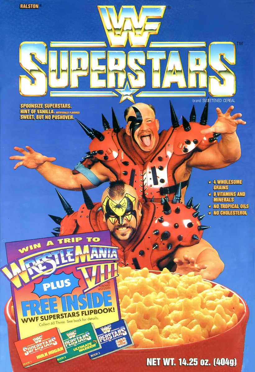 WWFWrestling1's tweet photo. WWF Superstars Cereal - Win a trip to WrestleMania VIII, oooooh what a russshhh! 🥣 #WWF #WWE #Wrestling #WWFSuperstars #LegionofDoom https://t.co/pLs0oCBgk2
