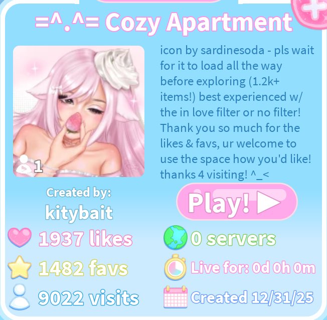 kitybait's tweet photo. my current realm ~ a pretty lil thread 🪡
- initial inspiration from @Laceliie !

custom furniture is inspired by what ive seen posted on pint, tt, and here!

welcome to my cozy apartment! 💕🍓
 #rh #rhc #roblox https://t.co/lqjJA506RR