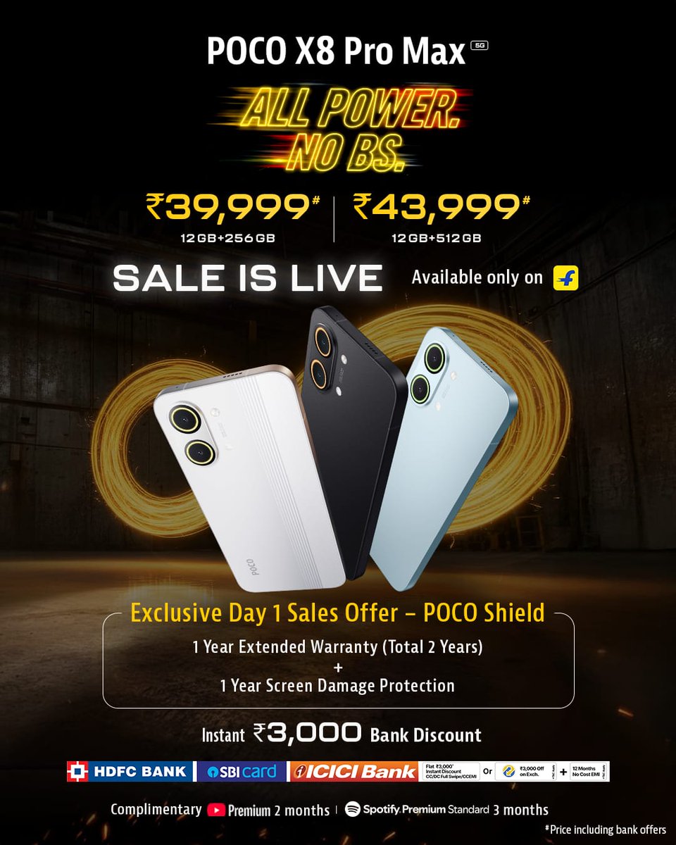 swadesh93's tweet photo. The ultimate powerhouse has arrived! ๐ The #POCOX8ProSeries is officially LIVE and it's time to upgrade your tech game. ๐ฑโก
โ๐ฅ "Sale is LIVE! Grab yours before it's gone!" ๐ฅ
โโ ๏ธ Crucial reminder for my fellow fans: The exclusive #POCOShield (giving you that sweet 1-Year Extended Warranty + 1-Year Screen Protection) is available ONLY for launch day! Don't miss out on this absolute steal.
โWhich one are you eyeing? The Pro, the Pro Max, or that epic Iron Man Edition? Let me know! ๐
โ#POCOX8ProSeries #Flipkart #POCOX8ProSeriesOnFlipkart
@IndiaPOCO @KenSekhar @sandeep9sarma @Huilgol @digvj @AnkitSingh_08