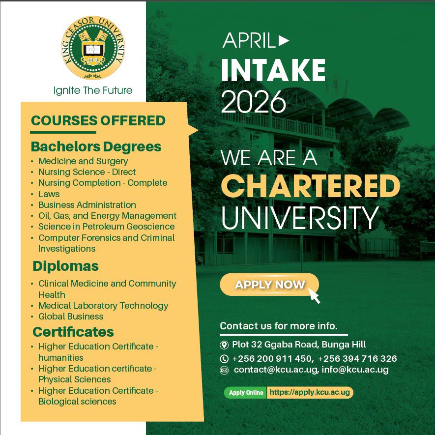 KingCeasorUni's tweet photo. Looking for first-class education that equips you with excellent skills that give you an edge in the market place, look no further.
Join a prestigious chartered university in the heart of Kampala
Your spot awaits you
Apply now ๐๐พ||https://t.co/YCHewm3ruG||
#IgniteTheFuture https://t.co/p9g2Nbh2w1