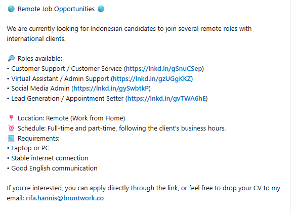Applyajadulu's tweet photo. 🚨JOB ALERT REMOTE

Buat kamu yang lagi cari side hustle atau full-time yang jam kerjanya fleksibel, ini ada beberapa role menarik: ✅ Customer Support 
✅ Virtual Assistant 
✅ Social Media Admin 
✅ Lead Gen

Sebelum apply, pastikan CV mu sudah on point ya ✅ 

Kalau yang sudah gabung ke group whatsapp, link asli berserta profile recruiter juga sudah aku share di group.    ⤵️⤵️
