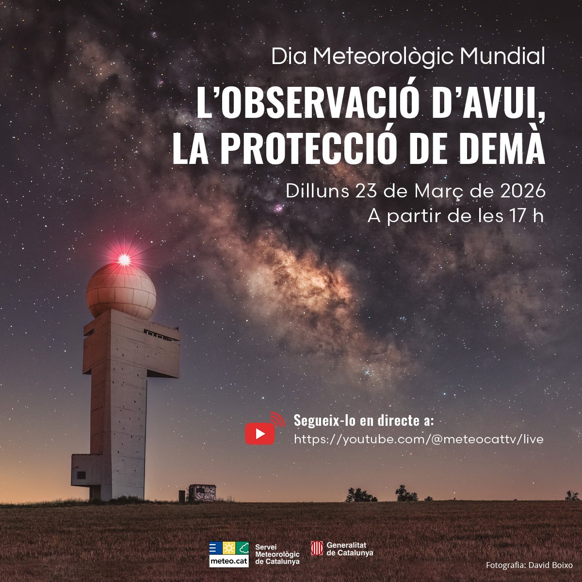🌦 Bon Dia Meteorològic Mundial a tothom!!! 
El lema d'enguany és "L'observació d'avui, la protecció de demà".
Aquesta tarda podeu seguir l'acte de <a href="/meteocat/">Meteocat</a> en directe des d'aquest enllaç:
youtube.com/live/7Qzu2Biag…