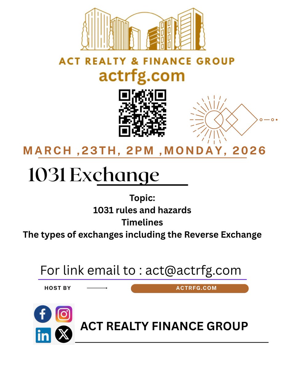 actrfg's tweet photo. Do you know when you #salehouse you don't need pay #tax now? #1031Exchange topic will give you #ideas , tomorrow  #Moday March 23th 2PM see ya ! By https://t.co/AUpmBCwkfS
ACT  Realty & Finance Group
*
*
*
*
*
We #service all #california with different price range #realestate ( #residential  & #commercial ),for seller we offer free property value analysis, for buyer we offer free mortgage pre-approval letter ( no income , no job , no Tax returns , foreigners , senior #reversemortgages loan ) , banks don’t give you loan don’t worry, come to me let me help you , more info please feel free to contact #buying #selling #loan #investment #propertymanagement  your #onestop real estate shop #topagent /#broker:
📷+1-415-583-3668｜+1-415-718-7693
（WhatsApp/Telegram）
📷 act@actrfg.com
📷： https://t.co/AUpmBCwkfS
WeChat: actrfg
Keep connected with us on social media:
ACT Realty Finance Group
#actrealtyandfinancegroup #actrealtyfinancegroup #realestateagent #realtor #broker #loanofficer #bayarea #listingagent #buyersagent #loanbroker #realestatebroker #sanfranciscorealtor #siliconvalleyrealestateagent #propertymanagement #investment #commericalmortgagebroker #sanfranciscobroker #brokerage
#美国加州旧金山房地产经纪人 #美国加州房地产经纪商  #美国加州大学房地产经纪人 #SF#美国旧金山物业管理公司  #美国加州物业管理 #美国加州房地产贷款经纪 #美国房地产投资 #美国 #美国房地产投资 #美国买房贷款