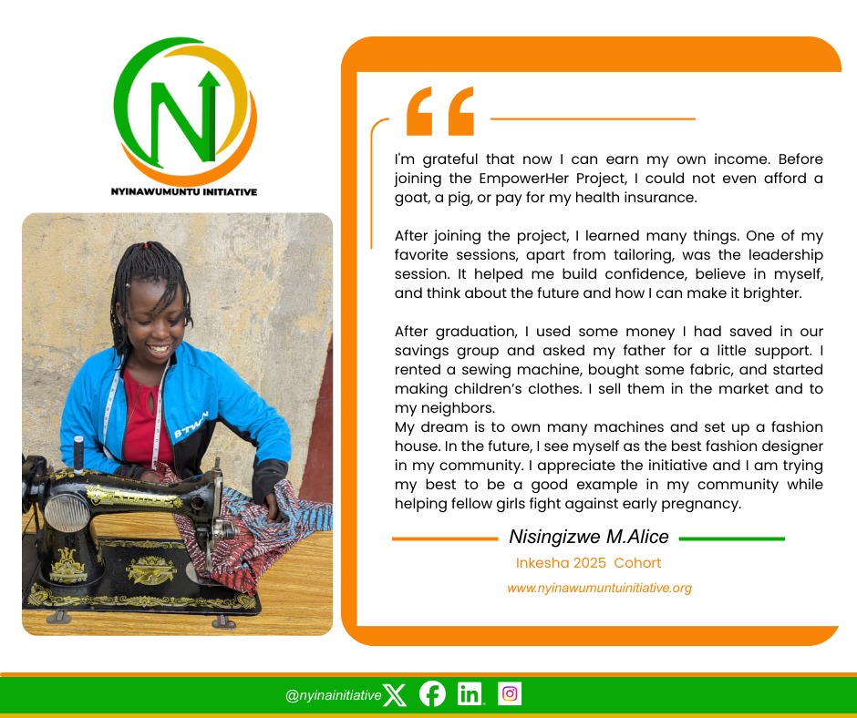 NyinaInitiative's tweet image. This March, we remember: give to gain. 💛💚🧡
Nisingizwe went from struggling to meet basic needs to earning her own income through tailoring.

One opportunity changed her story.

When we support women, we build stronger communities.

#GiveToGain #WomensMonth #IWD #WomenRise