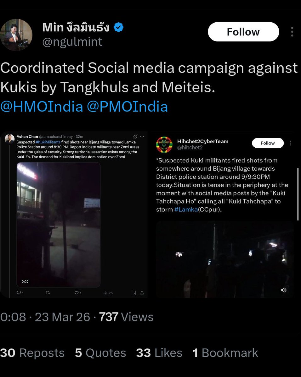 Myanmar based Kuki Terrorist took a screenshot of my tweet and tweeted that Tangkhul and Meitei are campaigning. I don't even know what Tweet is made by Meitei. He is instigating a cycle of violence from Myanmar.  @ngulmint account Must be investigated <a href="/HMOIndia/">गृहमंत्री कार्यालय, HMO India</a> <a href="/manipur_police/">Manipur Police</a>