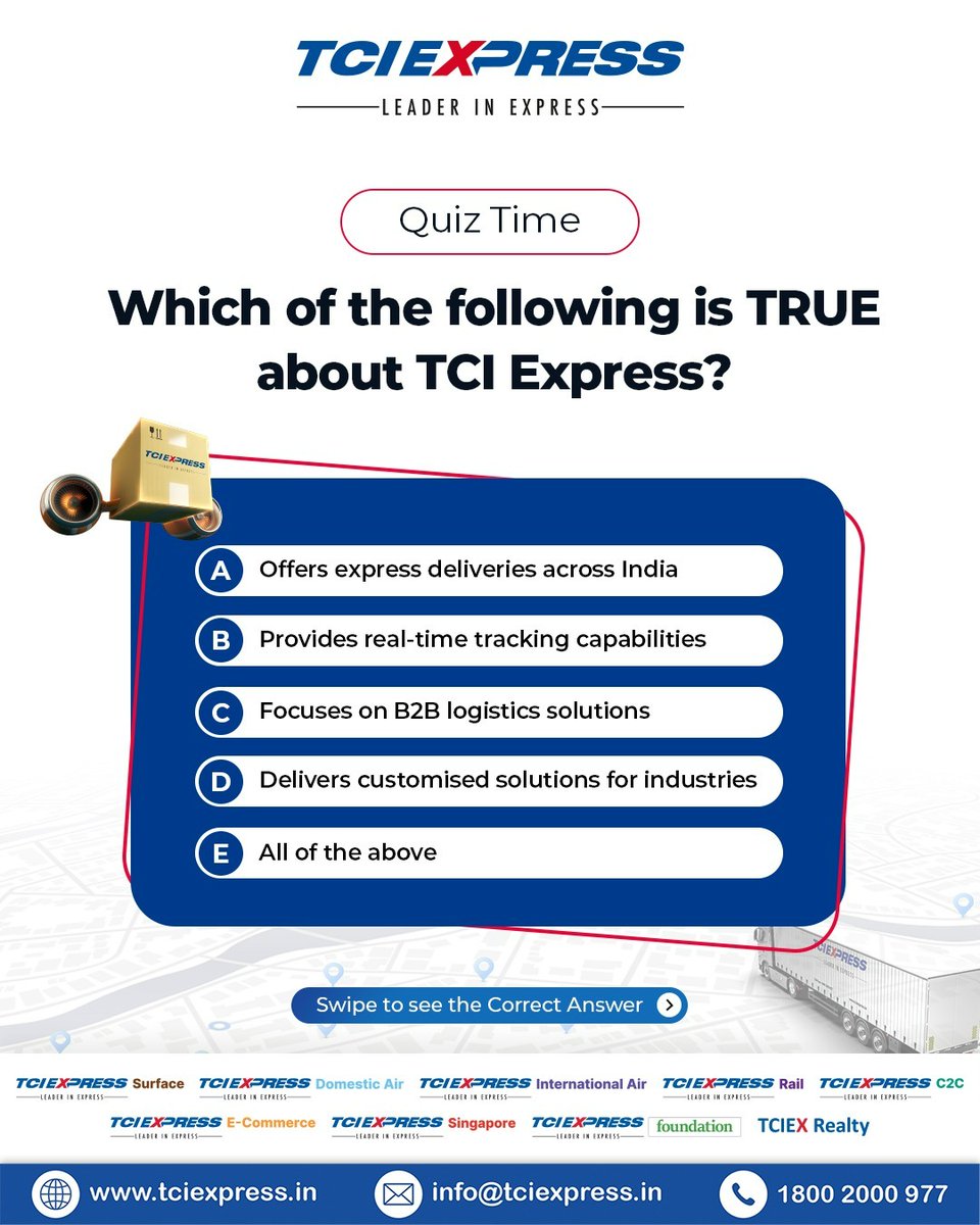TCIExpressLtd's tweet image. How well do you understand the capabilities of TCI Express?
This question highlights key aspects of our service offerings and operational approach.
Share your response in the comments.

The correct answer is revealed in the next slide.

#TCIExpress #ExpressDeliveries