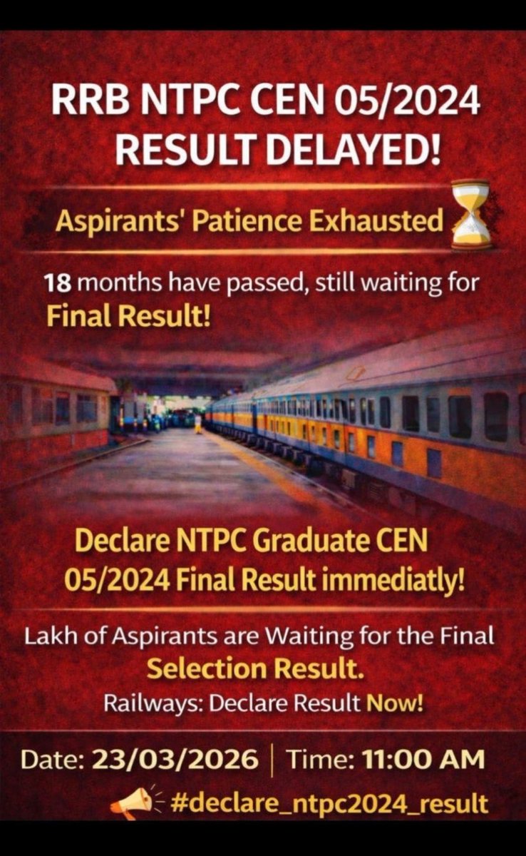 Shantanu9761's tweet photo. #declare_ntpc2024_result 

📢 18 MONTHS &amp; STILL WAITING!

RRB NTPC CEN 05/2024 Final Result is still pending.

Lakhs of aspirants are waiting with hope and patience.

Railways, please declare the final result immediately.

@AshwiniVaishnaw 

@RailMinIndia 

@PMOIndia https://t.co/04J30jI1yw