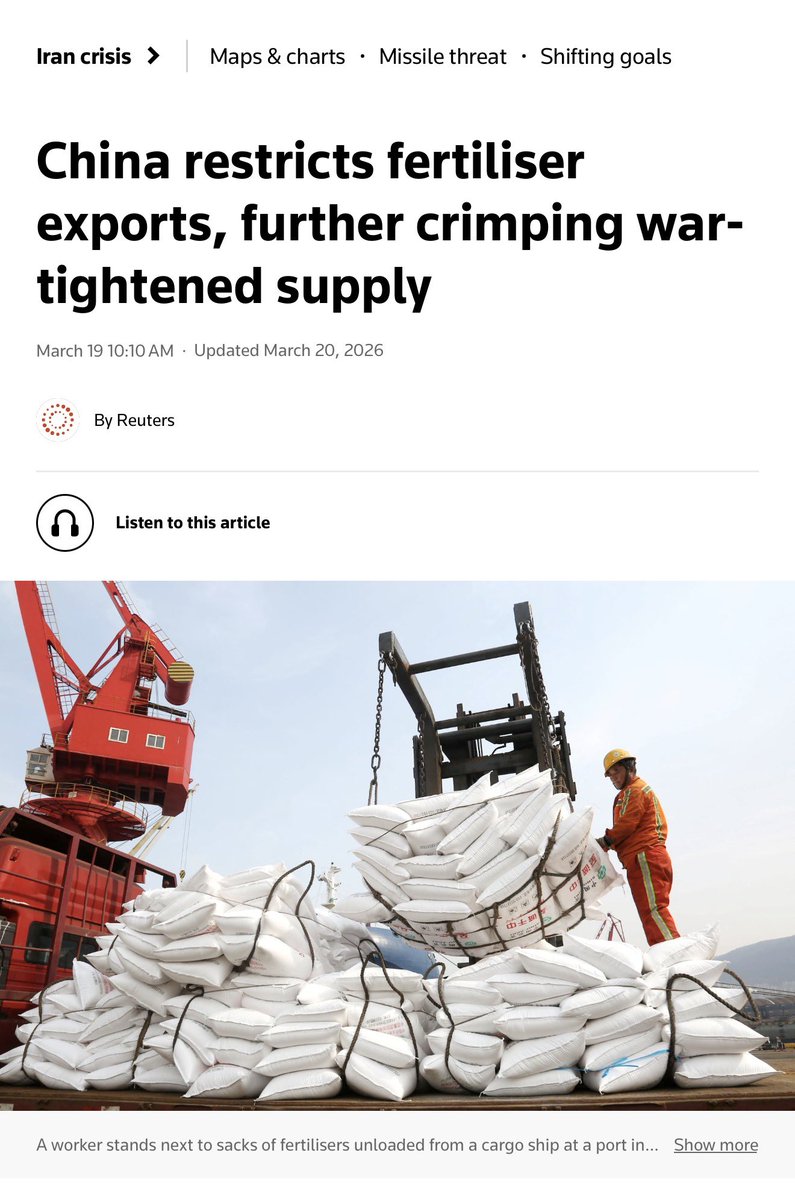 syahir's tweet photo. Gangguan bekalan baja yang akan mula menggigit poket kita dengan kenaikan harga tanaman makanan. Kita import 4 juta tan baja setiap tahun bernilai RM5 ke 6 bilion setiap tahun. 

Blockade di Straits of Hormuz meningkatkan harga baja di negara lain termasuk Russia dan China yang merupakan sumber import baja utama negara kita. 

China pun dah kawal eksport baja diorang.