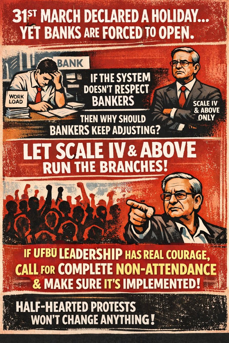 31st March is a holiday for Bank employees.
Yet banks are forced to open by Government.

If the system doesn’t respect bankers, why should bankers keep adjusting ?

Let Scale IV &amp; above run the branches.

If UFBU has real courage, call for complete non-attendance and ensure it’s