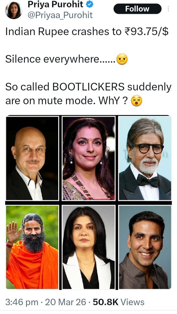 Bootlickers Celebrity
I agree with you Priya ji
<a href="/SrBachchan/">Amitabh Bachchan</a> 
<a href="/iam_juhi/">Juhi Chawla Mehta</a> 
<a href="/AnupamPKher/">Anupam Kher</a> 
<a href="/PypAyurved/">Patanjali Ayurved</a> 
<a href="/anjanaomkashyap/">Anjana Om Kashyap</a> 
<a href="/akshaykumar/">Akshay Kumar</a>