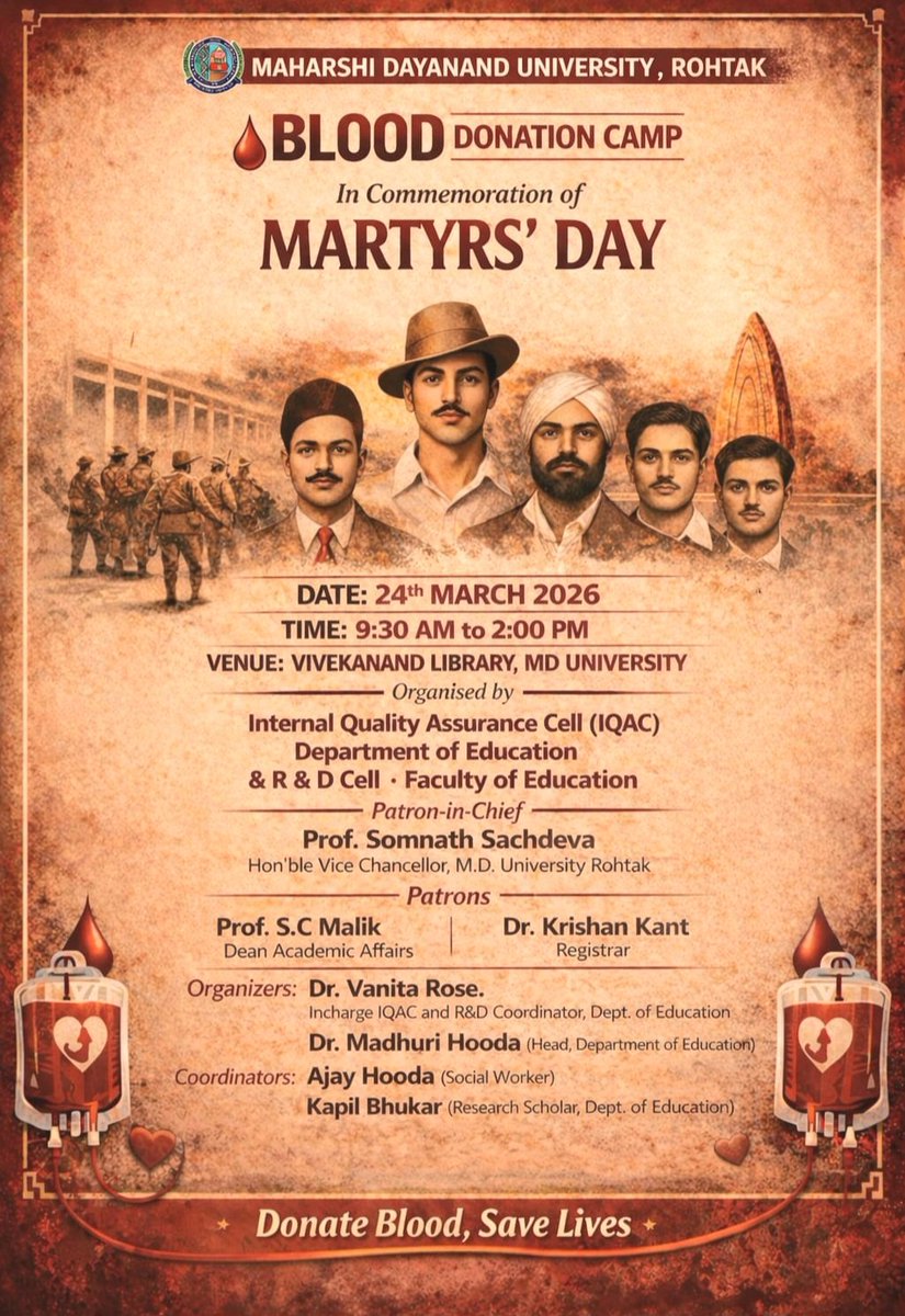 _AjayHooda's tweet photo. #प्रणाम_शहीदां_नु
#Blood_Donation_Camp 
On 24 March, 2026 Tuesday 
at central library MDU Rohtak 
#Donatebloodsavelife
@BloodDonorsIn @cmohry @DiprHaryana @MANAGEROFFOUND2 @SonuSood @thetribunechd @JaideepAhlawat @RandeepHooda @navinnain https://t.co/43A3iiGxdw