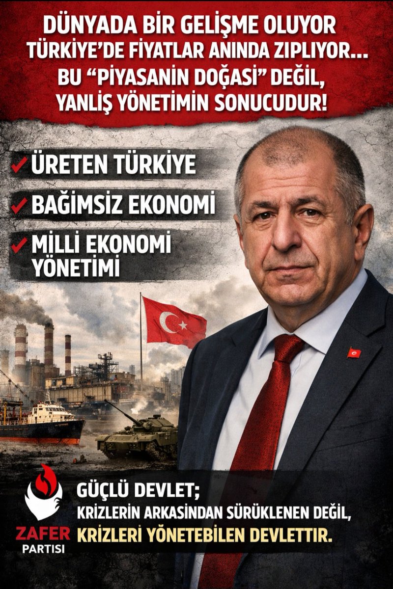 Dünyada bir gelişme oluyor, Türkiye'de fiyatlar anında zıplıyor.
✔️Üretim ihmal edilirse,
Dışa bağımlı hale geliniyor.
✔️Ekonomi öngörüyle değil, günü kurtarma anlayışıyla yönetilirse, en küçük dış gelişme bile içeride zam fırtınasına dönüşüyor.
📍Zafer Partisi'nin yaklaşımı