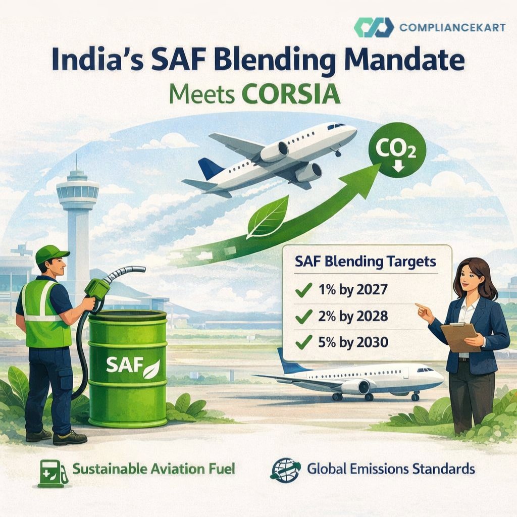 EnvrEarth's tweet photo. India’s aviation sector is entering a new era of compliance. ✈️🌱

With CORSIA’s mandatory phase approaching in 2027 and SAF blending targets (1% by 2027 → 5% by 2030) taking shape, airlines now have a powerful pathway to reduce emissions before relying on offsets.

This shift could lower compliance costs, accelerate the development of low-carbon aviation fuels, and position India as a global hub for SAF production.

The runway to net-zero aviation has officially opened.

#SAF #CORSIA #AviationDecarbonization #CarbonMarkets #ClimateCompliance #ComplianceKart