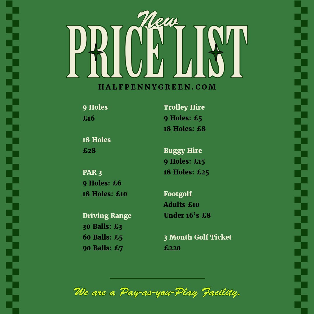 Our Price List

9 Holes
£16

18 Holes
£28

PAR 3
9 Holes: £6
18 Holes: £10

Driving Range
30 Balls: £3
60 Balls: £5
90 Balls: £7