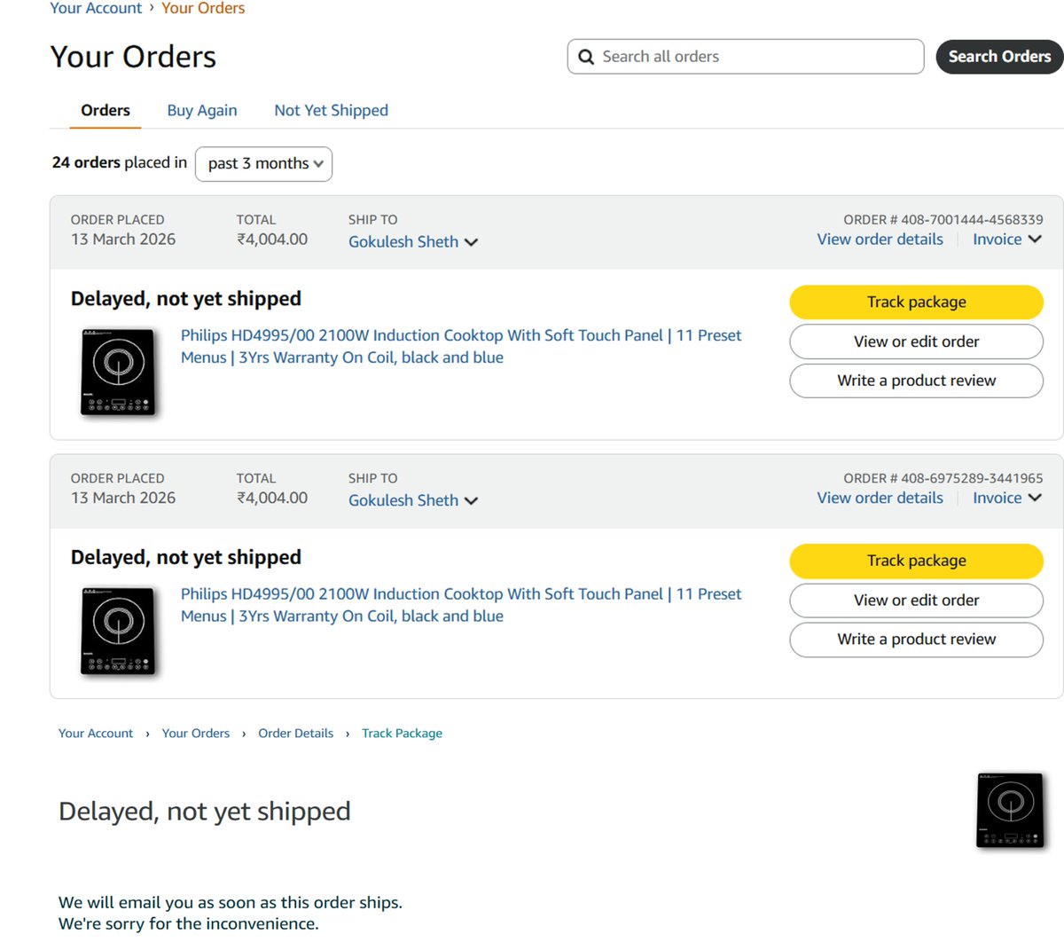 shethgokulesh's tweet photo. @AmazonHelp @amazonIN Ordered on 13 Mar with guaranteed 2–4hr delivery (slot: 14 Mar 8–12),still not delivered. Called 5–6 times—no solution.Asked to cancel/reorder but price ↑ ₹3999→₹5399. Feels misleading with seller. No updates despite complaints &amp; emails. #cheating #fraud https://t.co/btxT17lvLI