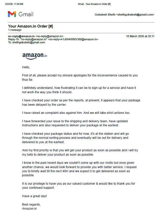 shethgokulesh's tweet photo. @AmazonHelp @amazonIN Ordered on 13 Mar with guaranteed 2–4hr delivery (slot: 14 Mar 8–12),still not delivered. Called 5–6 times—no solution.Asked to cancel/reorder but price ↑ ₹3999→₹5399. Feels misleading with seller. No updates despite complaints &amp; emails. #cheating #fraud https://t.co/btxT17lvLI