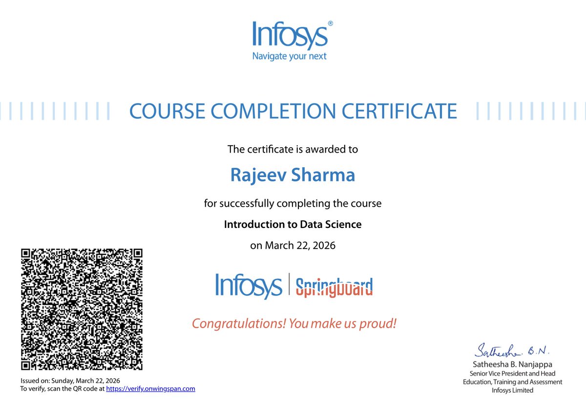 Rajeev_Sharma04's tweet photo. I recently completed the Introduction to Data Science course on Infosys Springboard.📊Excited to keep "tuning the engine" and diving deeper into the world of analytics!
#DataScience #LifelongLearning #InfosysSpringboard #Analytics #DataDriven #DigitalTransformation https://t.co/8G5ZeXuZhs