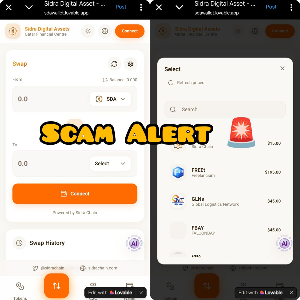 SidraBankNews's tweet image. SCAM ALERT FOR THE #SidraChain FAMILY ⚠️

A new, sophisticated scam is targeting our community. Fraudsters are using AI to create fake wallets pretending to be the official Sidra Wallet 👍

🚨 DO NOT CONNECT to any wallet on the website shown in the screenshot below. If you do,