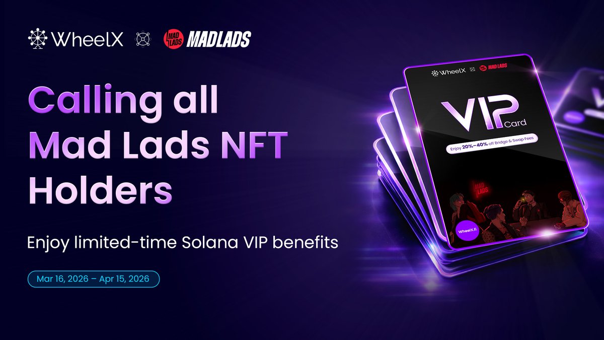 WheelX_fi's tweet image. A new “airdrop” for @MadLads holders! You’re now automatically a WheelX VIP  #backpack #madlads

Unlock the following perks:  
✅Direct eligibility to mint the “Solana OG” NFT
✅20%–40% fee discounts on @solana bridging and swaps on WheelX  

👉 ​app.galxe.com/quest/WheelX.f…