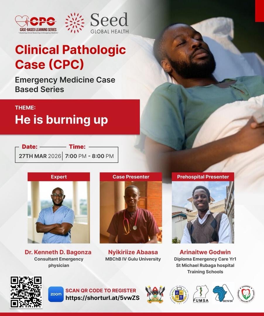 seedug_learning's tweet photo. Happening this week📌

CPC EM Case Series🚑

“He is Burning up”

📆Date: Friday 27th March, 2026
🕖Time: 7-8pm, EAT

Register Via: https://t.co/Huw4SJH4VH

See you there🤝 https://t.co/SwCjqPikWP