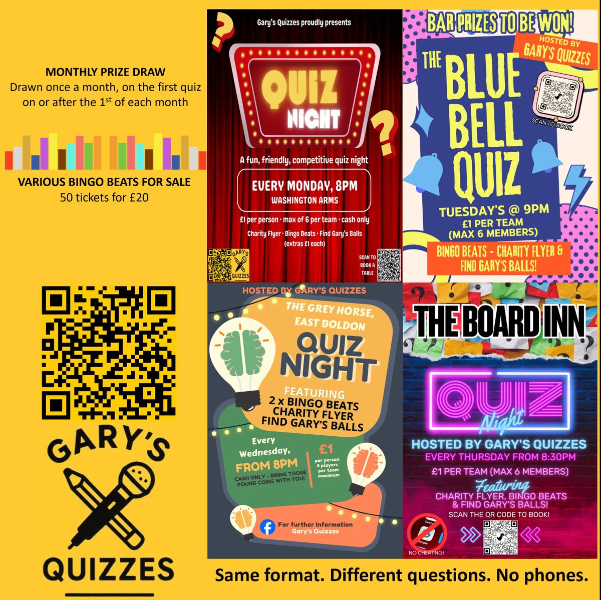 Quiz week incoming 🎉🔥

Mon 🐶 Washington Arms 8pm
Dog breeds

Tue 💃 Blue Bell 9pm
Strictly Come Dancing

Wed 😄 Grey Horse 8pm
Rhyme Time

Thu 😎 Board Inn 8:30pm
Totes Emoji

Team name theme: Don’t Worry, It’s Normal to... 😅😂