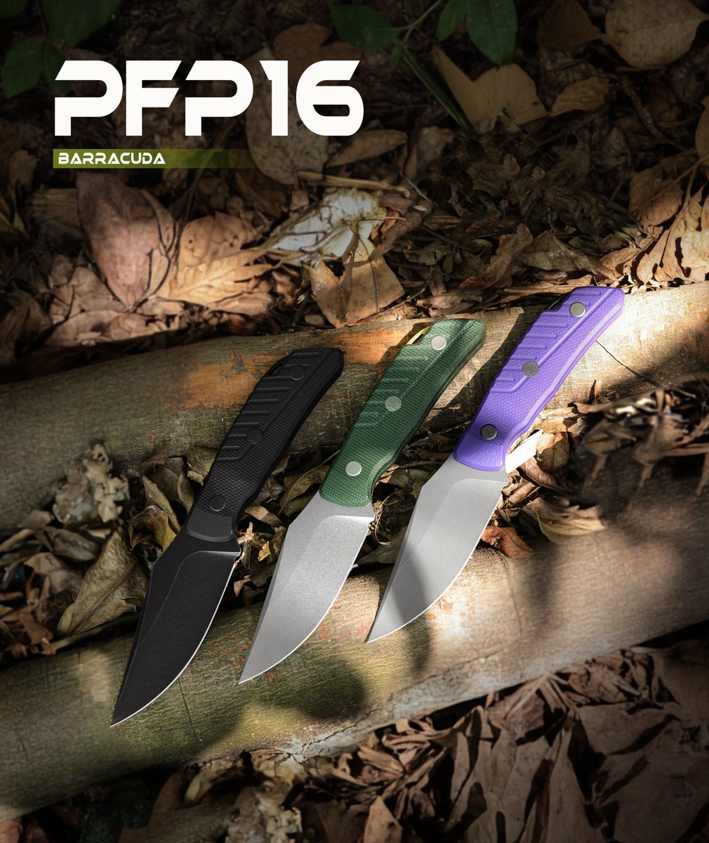 FishPetrified's tweet photo. 📷 NEW RELEASE! PFP16-Barracuda
Meet your next go-to outdoor companion. 📷📷We engineered this knife for the perfect balance of strength and agility. Featuring a 3.5mm Bohler #N690 Drop Point blade and a full-bellied geometry, it delivers smooth, continuous slicing for any task.The half-tang, full-wrapped #G10 or #Micarta handles mean zero exposed metal for an incredibly comfortable, seamless grip. Complete with a versatile Kydex sheath so you can carry it your way.#PFP16 #Petrifiedfish #halftang