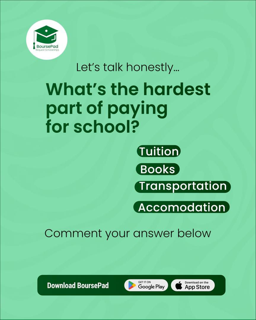 boursepad's tweet photo. What’s really the hardest part of paying for school?

For many students, it’s not just tuition, it’s the hidden costs, books, transportation that make staying in school difficult.

Download BoursePad, to explore scholarship opportunities that ease these burdens. https://t.co/56YkRFuf9P