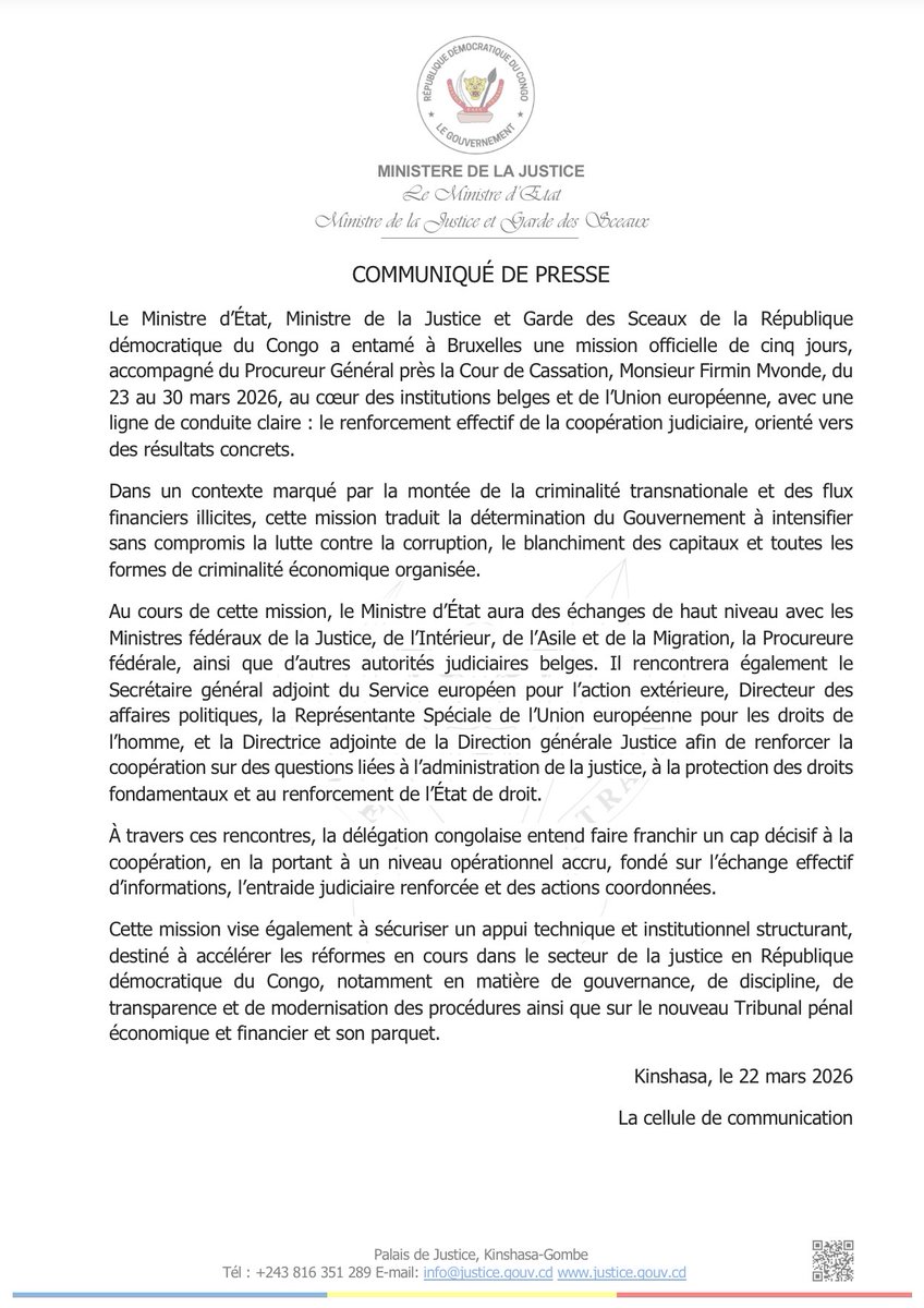 fataki_cha47925's tweet image. #justicerdc:  @NgefaGuillaume entame dès ce  23 mars 2026 une mission officielle de 5 jours à Bruxelles, accompagné du Procureur général près la Cour de cassation, Firmin Mvonde. Cette mission s’inscrit clairement dans une dynamique de transformation du système. @JusticeGouvCD