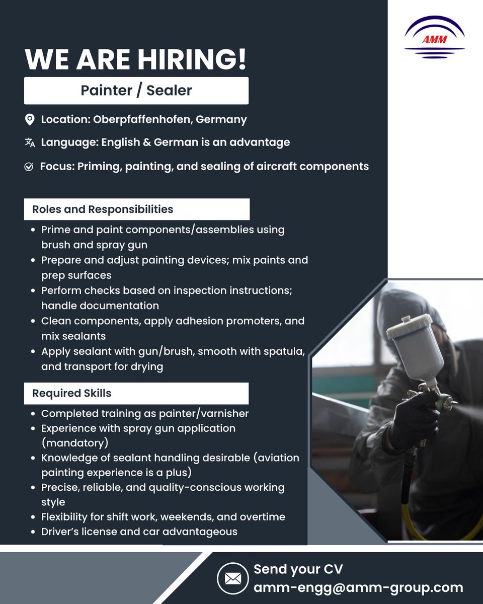 Amm_Enterprise's tweet image. Exciting opportunity!

#germanyjobs #jobsingermany #jobsearchgermany #jobsgermany #germanyjobseeker #germany #nowhiring #careers #jobs #germanyjob #hiringnow #europejobs #PainterJobs #AircraftPainter #SealerJobs #AviationJobs #SprayPainting #AerospaceEngineering