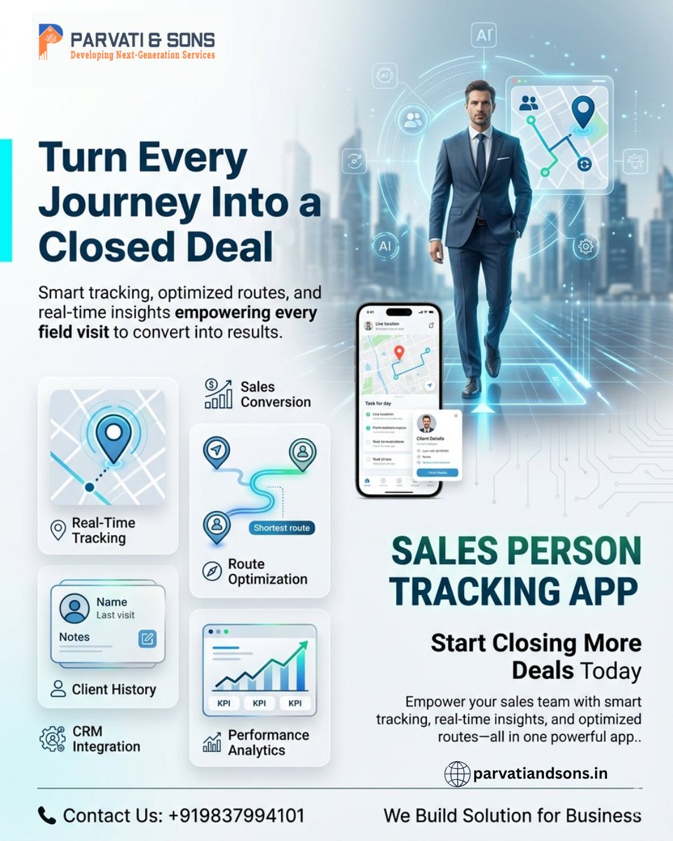 AndParvati's tweet photo. Enhance workforce visibility and performance with Parvati and Sons’ advanced Sales Person Tracking App designed for modern businesses. #SalesManagement #BusinessSolutions #WorkforceTracking #DigitalTransformation #ParvatiAndSons https://t.co/dJveCOmk3U