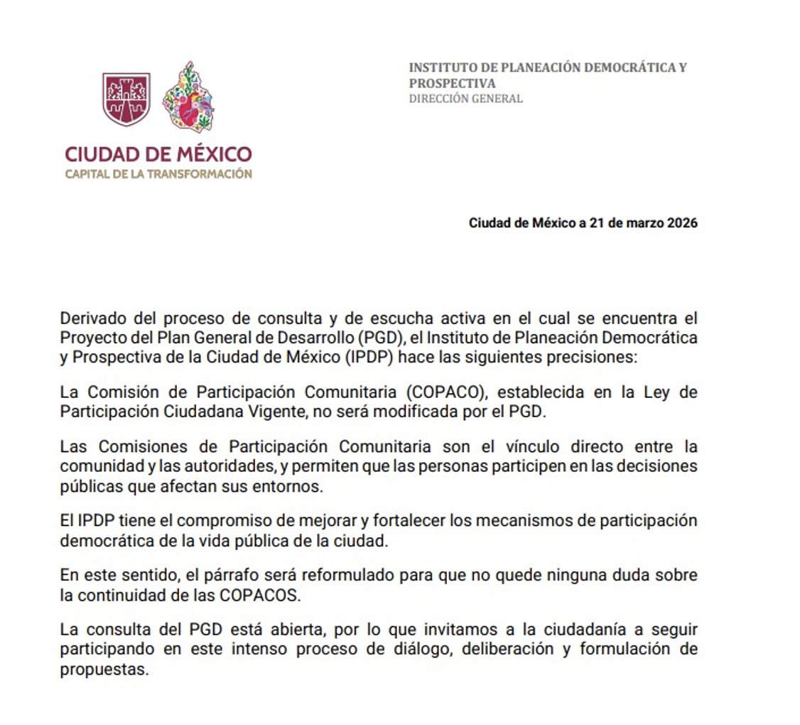 VOZ_DELACIUDAD's tweet image. No es mentira: la desaparición de los COPACOS está planteada en el #PGD. Tan es así que el #IPDP ya emitió un comunicado sugiriendo “reformular la redacción”.
Pero el problema no es la redacción, es el fondo.
Trasladar esta figura a una reforma de la #LeyDeParticipaciónCiudadana