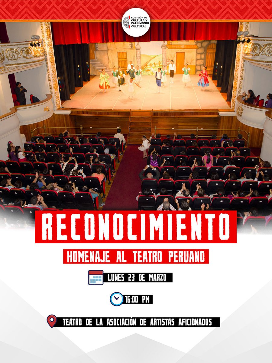 🎭HOMENAJE AL TEATRO PERUANO 🇵🇪

Este lunes 23 de marzo a las 4:00 p.m., rendimos un merecido reconocimiento a quienes mantienen viva la escena teatral en nuestro país.

📍 Teatro de la Asociación de Artistas Aficionados

¡El teatro peruano se celebra, se defiende y se reconoce!