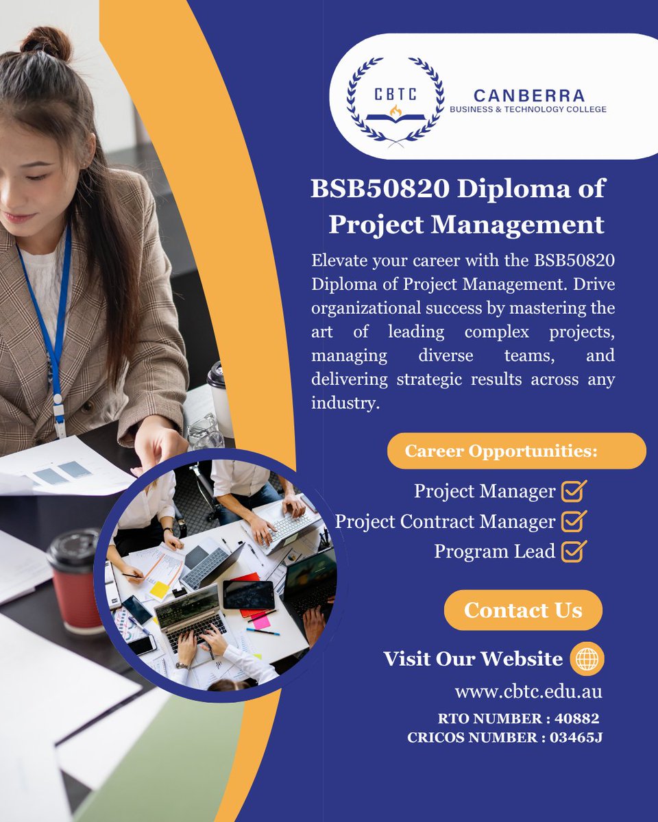 CBTCAustralia's tweet photo. Master project leadership! Study the BSB50820 Diploma of Project Management at CBTC. Gain expert skills in planning, risk, and team management to drive success in any industry. Enroll today!

RTO 40882 | CRICOS 03465J
#ProjectManagement #CBTCCourses https://t.co/4R2EywCdWF