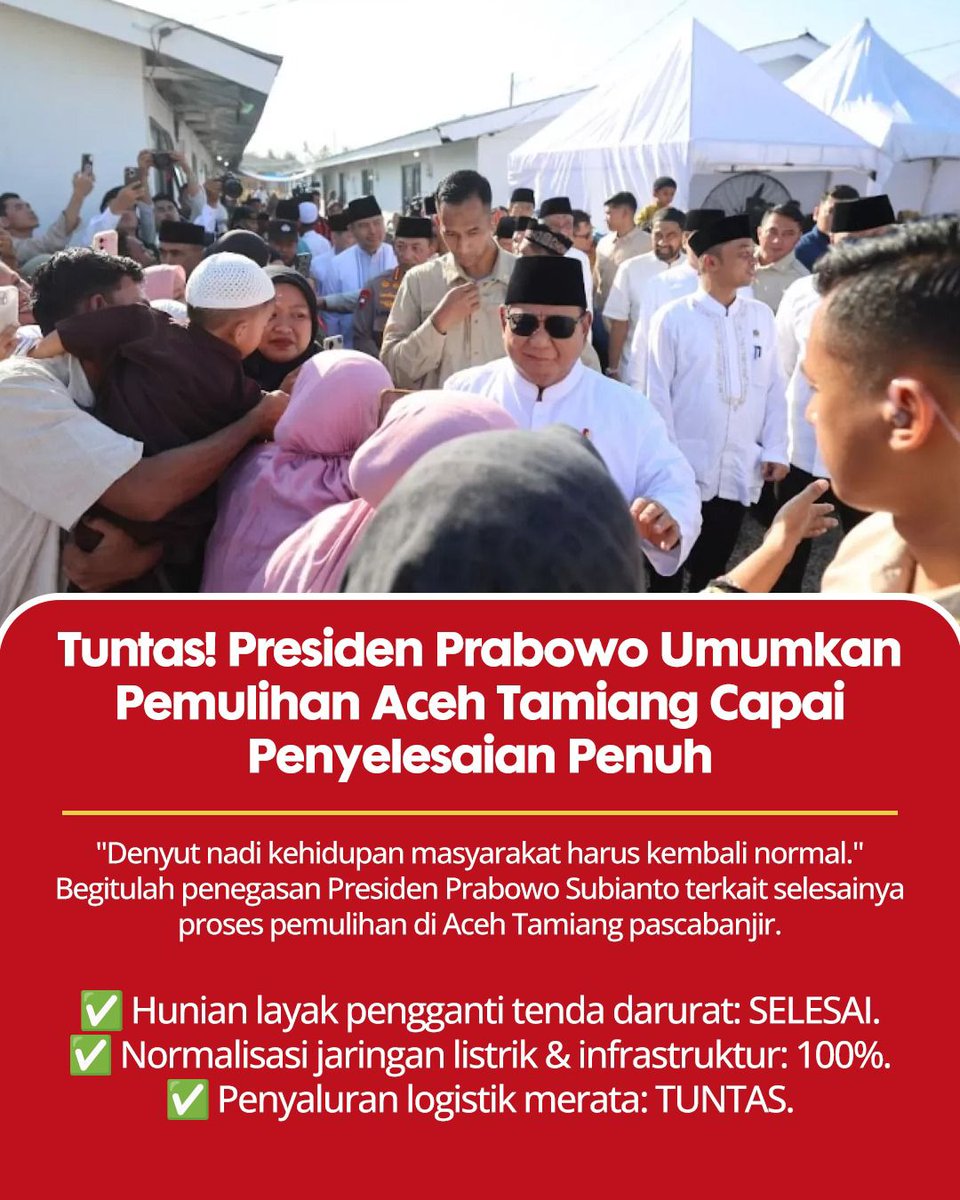 Keadaan aceh Tamiang sudah hampir pulih. Sudah ada hunian layak pengganti tenda darurat
#Tuntas100Persen
Pemulihan Aceh Tamiang