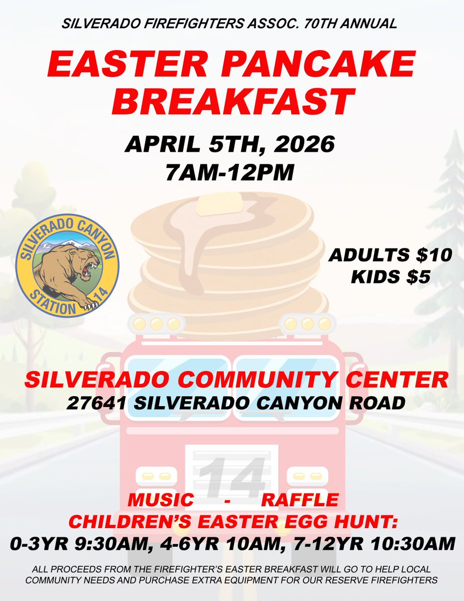 fsceocc's tweet photo. Silverado and Modjeska Fire stations both have fundraising events on Easter Sunday.  Easter Breakfast.  Stop by and have breakfast with the community. https://t.co/eifJpgYZxM